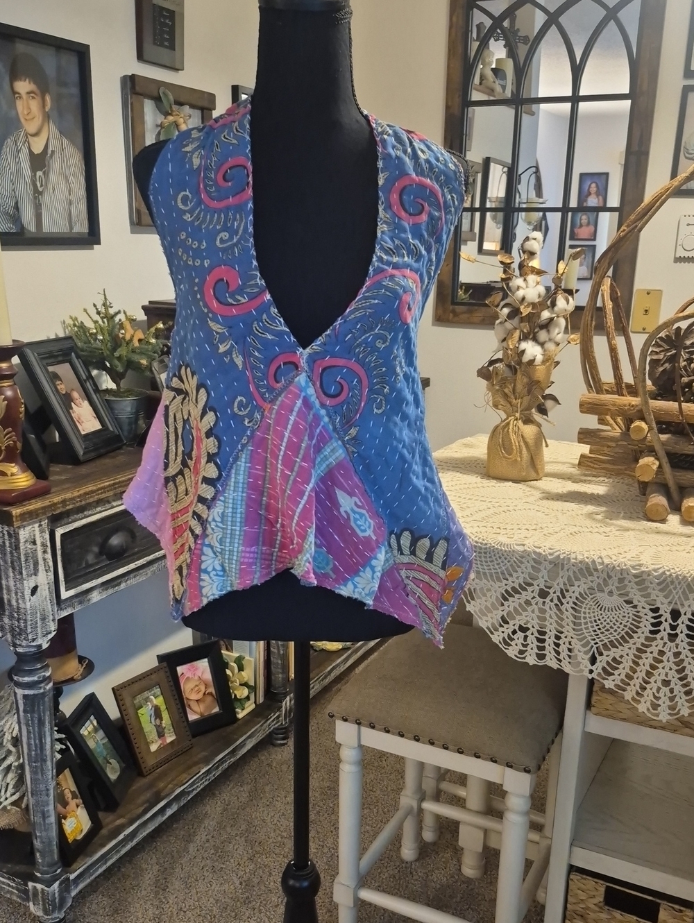 Handmade Kantha Boho Patchwork V-Neck Halter Top - Blue & Pink
